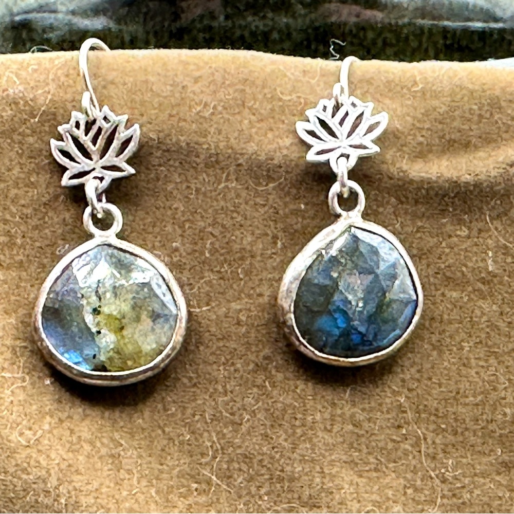 Sterling silver and Labradorite Gemstone Earrings with a lotus accent